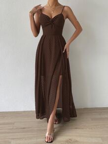 SHEIN Belle Đầm Lộ Lưng Buộc lại xoắn lại Trọn gói Thiết kế hai lớp màu trơn Giải trí - Màu nâu Sô-cô-la - Xem 4