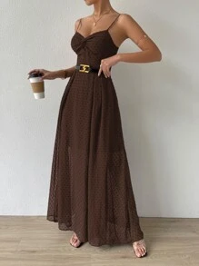 SHEIN Belle Đầm Lộ Lưng Buộc lại xoắn lại Trọn gói Thiết kế hai lớp màu trơn Giải trí - Màu nâu Sô-cô-la - Xem 6