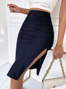 Chiquease 抽褶細節高衩半身裙 - 藏蓝色 - 查看 1