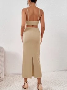 Chiquease Đầm ôm body xẻ tà hở eo Maxi trang phục dành cho nữ - Màu Khaki - Xem 2