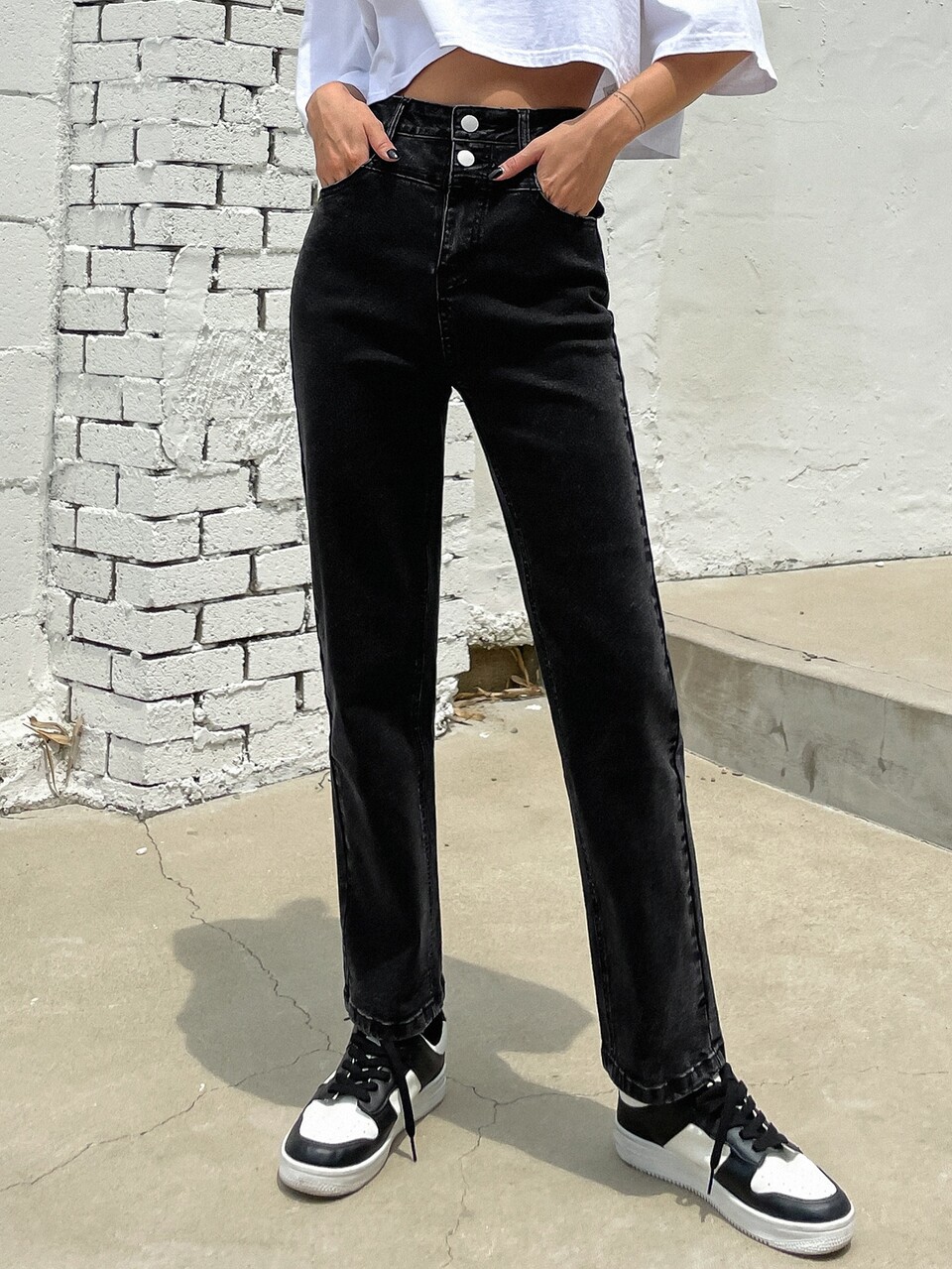 High Waist Button Front Tapered Jeans
