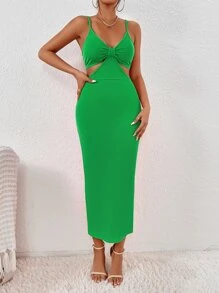 SHEIN Privé 鏤空腰開衩單肩包臀洋裝 - 綠色 - 查看 6