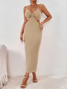 Chiquease Đầm ôm body xẻ tà hở eo Maxi trang phục dành cho nữ - Màu Khaki - Xem 5