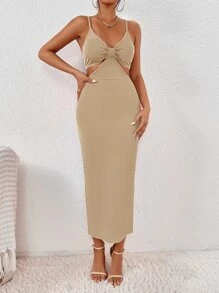 Chiquease Đầm ôm body xẻ tà hở eo Maxi trang phục dành cho nữ - Màu Khaki - Xem 6