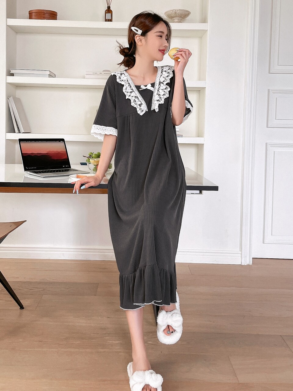 Contrast Lace Bow Front Night Dress