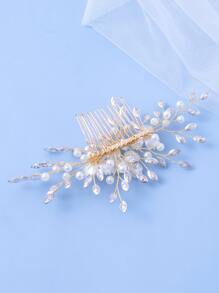 Flower & Faux Pearl Decor Bridal Hair Comb - White - View 2