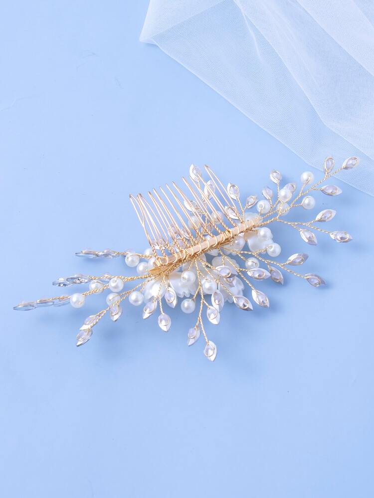 مشط شعر زهرة و مزخرف بلؤلؤ اصطناعي زفاف - أبيض - مشاهدة 2