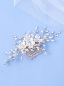 Flower & Faux Pearl Decor Bridal Hair Comb - White - View 3