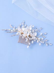 Flower & Faux Pearl Decor Bridal Hair Comb - White - View 4