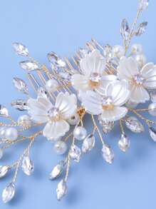 Flower & Faux Pearl Decor Bridal Hair Comb - White - View 5