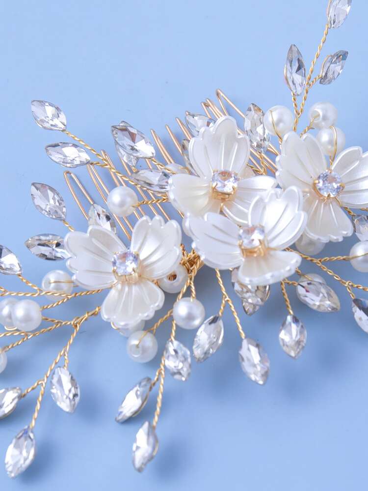مشط شعر زهرة و مزخرف بلؤلؤ اصطناعي زفاف - أبيض - مشاهدة 5