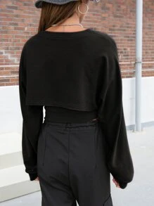 DAZY Áo crop top tay cánh dơi họa tiết chữ vá, quần áo mùa thu, quần áo trở lại trường học, áo dài tay cho nữ - màu đen - Xem 2