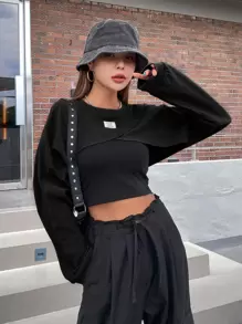 DAZY Áo crop top tay cánh dơi họa tiết chữ vá, quần áo mùa thu, quần áo trở lại trường học, áo dài tay cho nữ - màu đen - Xem 4