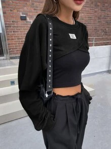 DAZY Áo crop top tay cánh dơi họa tiết chữ vá, quần áo mùa thu, quần áo trở lại trường học, áo dài tay cho nữ - màu đen - Xem 5