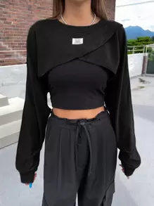 DAZY Áo crop top tay cánh dơi họa tiết chữ vá, quần áo mùa thu, quần áo trở lại trường học, áo dài tay cho nữ - màu đen - Xem 6