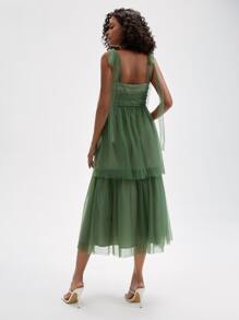 REVELIGION Váy hai dây lưới Dobby thắt nút vai bèo nhún thiết kế Váy vải tuyn, lễ hội, váy dạ hội - màu xanh lá - Xem 2