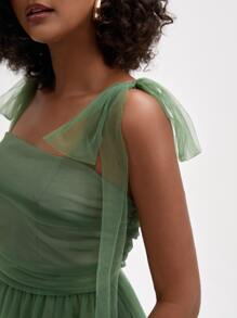 REVELIGION Váy hai dây lưới Dobby thắt nút vai bèo nhún thiết kế Váy vải tuyn, lễ hội, váy dạ hội - màu xanh lá - Xem 3