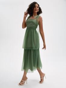 REVELIGION Váy hai dây lưới Dobby thắt nút vai bèo nhún thiết kế Váy vải tuyn, lễ hội, váy dạ hội - màu xanh lá - Xem 6