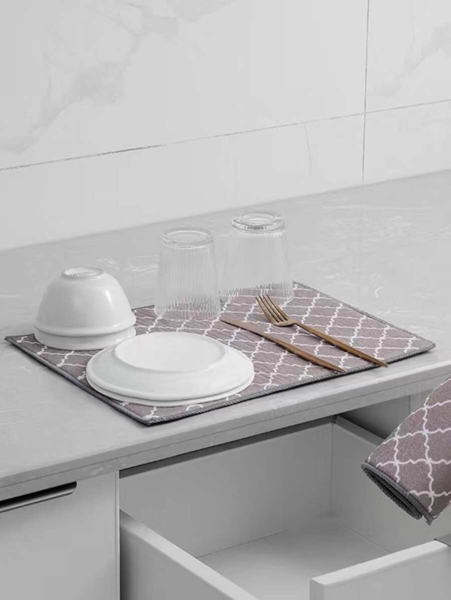 1pc Geometric Pattern Dish Drying Mat, Modern Dish Drain Pad For Kitchen - Multicolor - View 1