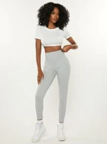 SHEIN BASICS High Waist Solid Leggings - Light Grey - View 5
