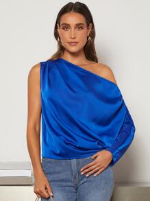 SHEIN Privé Asymmetrical Neck Ruched Satin Blouse