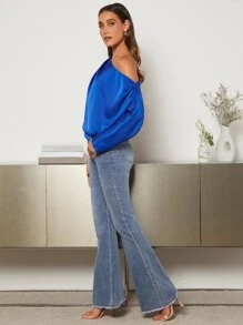 SHEIN Privé Asymmetrical Neck Ruched Satin Blouse