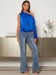 SHEIN Privé Asymmetrical Neck Ruched Satin Blouse