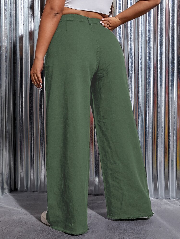 SHEIN EZwear Quần Denim kích thước lớn Nút Túi Hem thô Dây kéo màu trơn - xanh quân đội - Xem 2