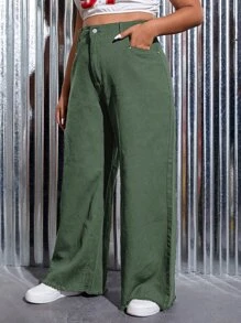 SHEIN EZwear Plus High Waist Raw Cut Wide Leg Jeans