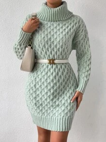 SHEIN Privé Turtleneck Drop Shoulder Jumper Dress Without Belt - Mint Green - View 3