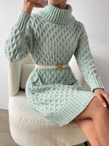 SHEIN Privé Turtleneck Drop Shoulder Jumper Dress Without Belt - Mint Green - View 4