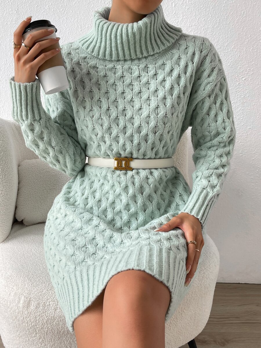 SHEIN Privé Turtleneck Drop Shoulder Jumper Dress Without Belt - Mint Green - View 1
