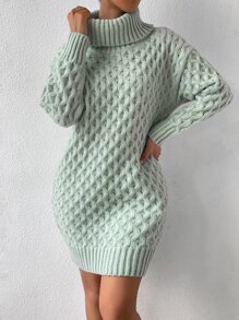 SHEIN Privé Turtleneck Drop Shoulder Jumper Dress Without Belt - Mint Green - View 6