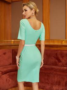 Contrast Collar Tie Front Fitted Dress With Belt - Mint Green - View 2