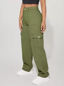 SHEIN PETITE Quần jean nữ Nút Túi Dây kéo màu trơn - xanh quân đội - Xem 1