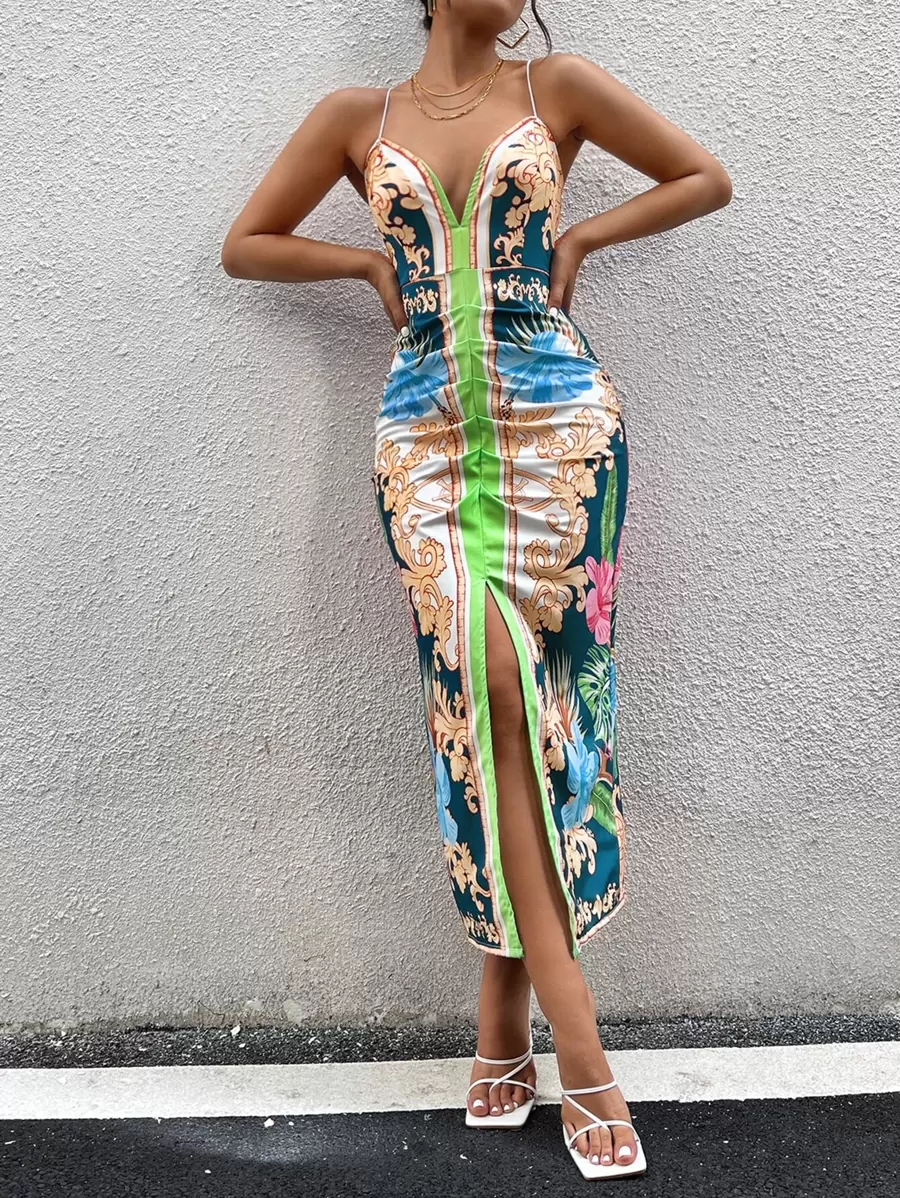 SHEIN SXY Baroque And Tropical Print Split Thigh Cami Dress - Green - View 1