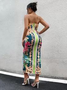 SHEIN SXY Baroque And Tropical Print Split Thigh Cami Dress - Green - View 2