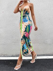 SHEIN SXY Baroque And Tropical Print Split Thigh Cami Dress - Green - View 3