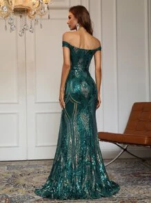 高衩亮片露肩舞會連衣裙 - 墨綠色 - 查看 2