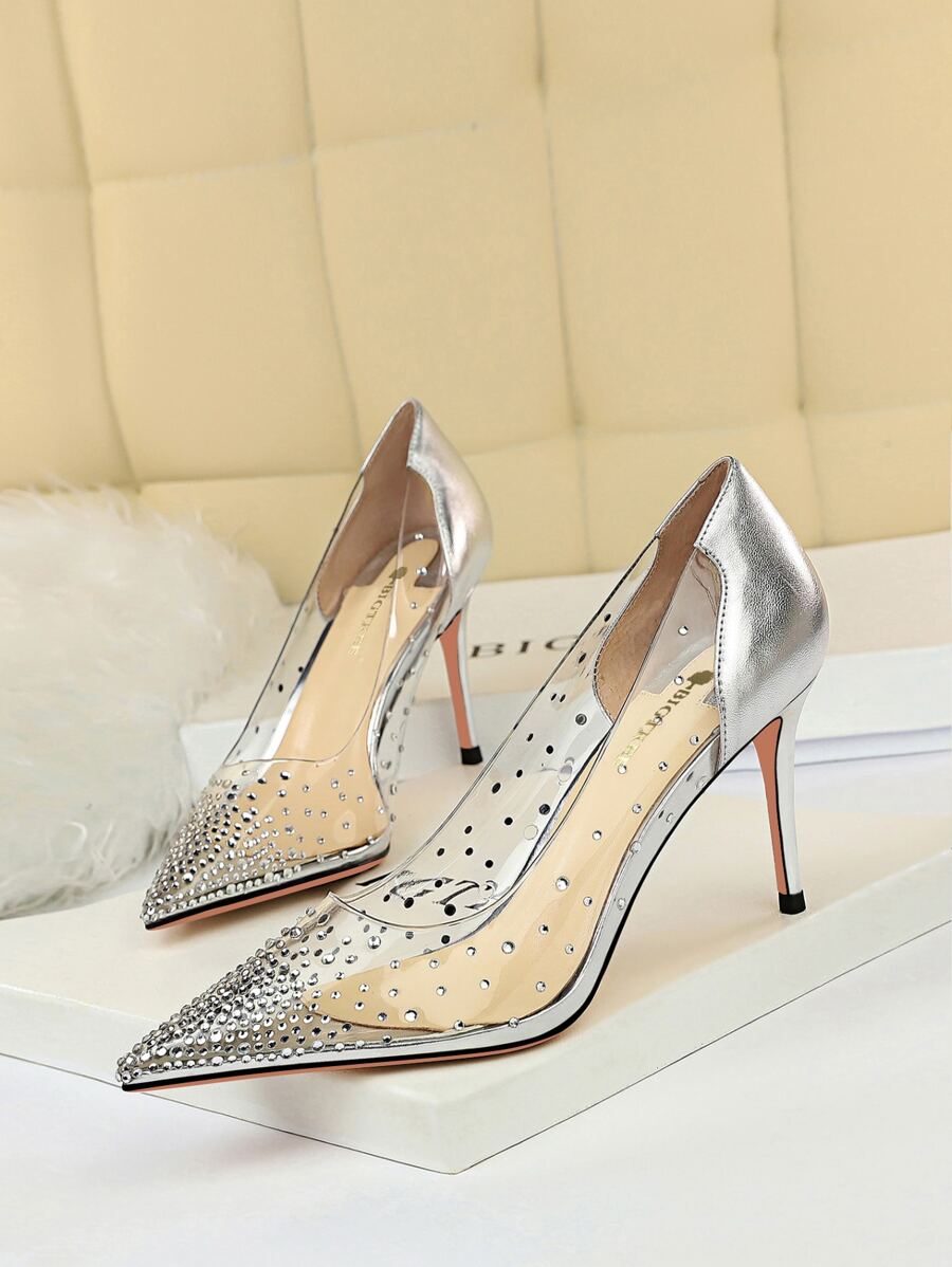 Zapatos de tacón de color metálico con diseño de diamante de imitación transparente - Plateado - Ver 1