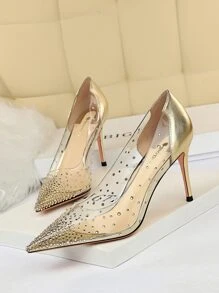Rhinestone Decor Stiletto Heeled Court Pumps - Gold - View 1