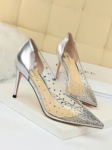 Zapatos de tacón de color metálico con diseño de diamante de imitación transparente - Plateado - Ver 4
