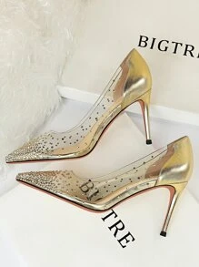 Rhinestone Decor Stiletto Heeled Court Pumps - Gold - View 2