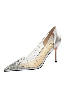 Zapatos de tacón de color metálico con diseño de diamante de imitación transparente - Plateado - Ver 5