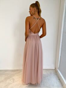 Joyfunear Sequin Bodice Backless Mesh Cami Prom Dress - Champagne - View 2