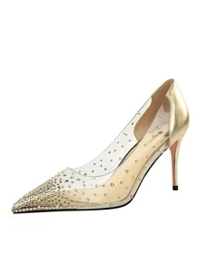 Rhinestone Decor Stiletto Heeled Court Pumps - Gold - View 5