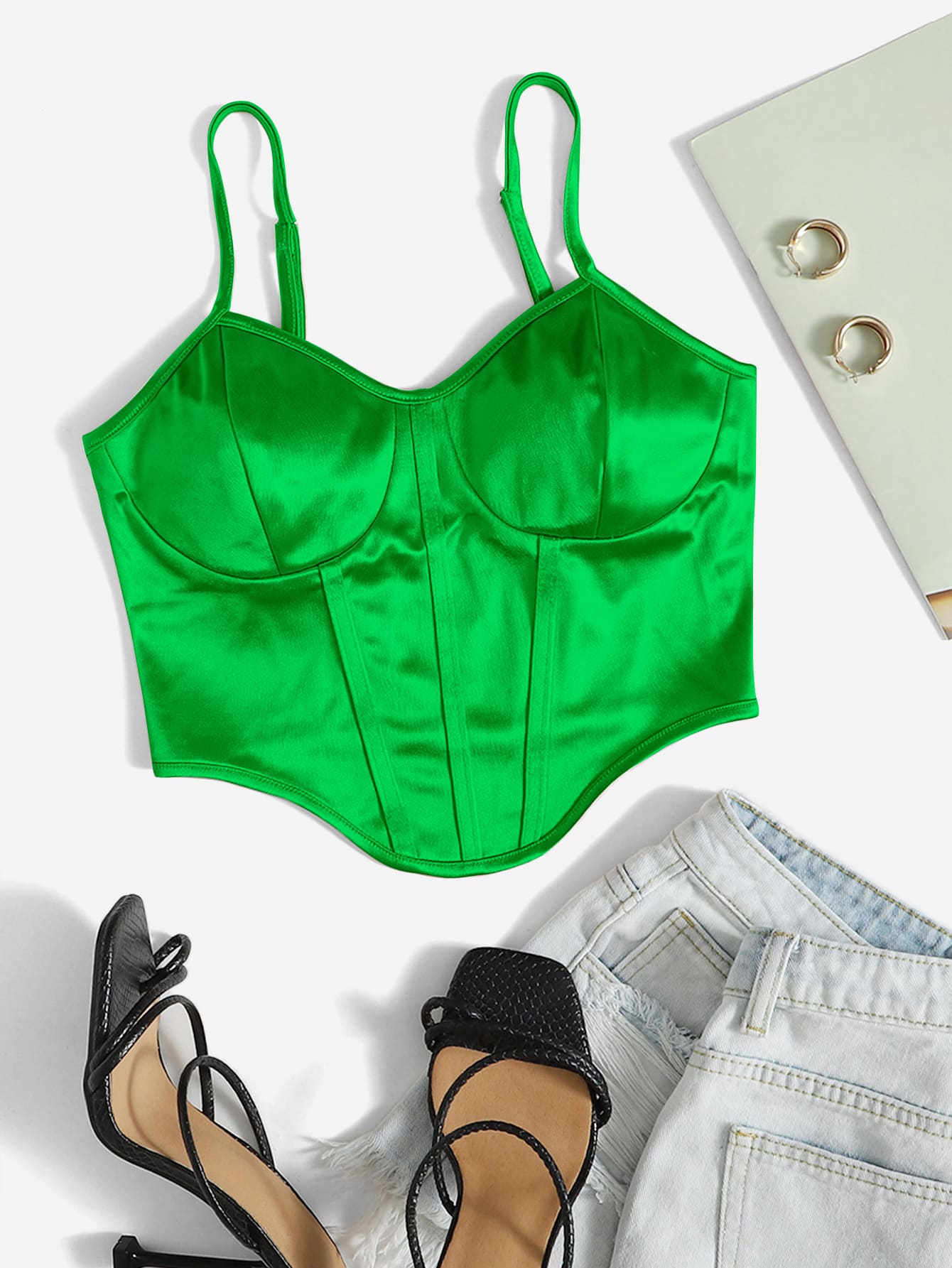 SHEIN Privé Áo hai dây Bất đối xứng màu trơn Giải trí - màu xanh lá - Xem 1