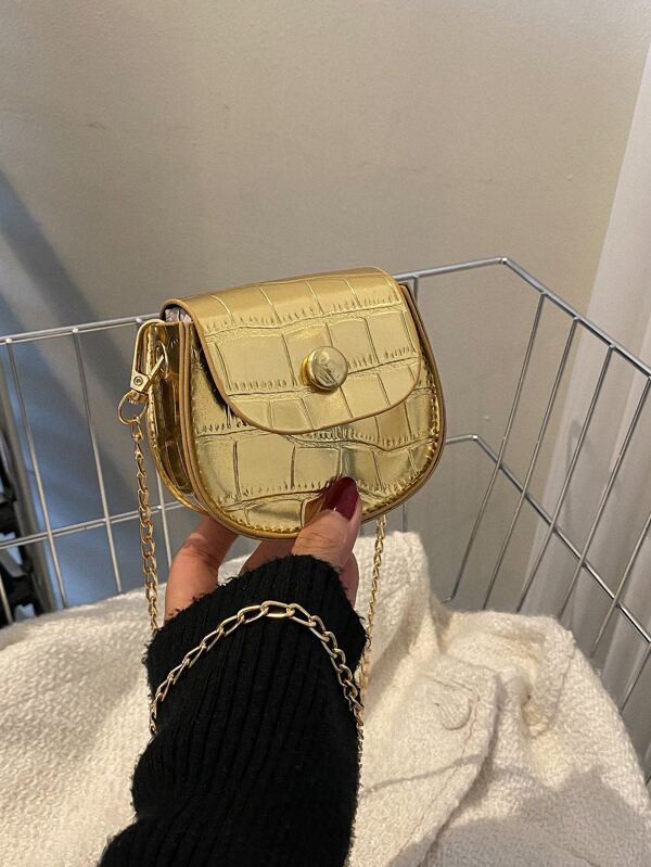 Fashion Laser Lipstick Bags for Women PU Shoulder Bag Luxury Purses and Handbag Designer Crossbody Bag Cute Satchel Mini Solid Color Stone Pattern Buckle Shoulder Bag & Gold Flip Cover With Chain, Suitable For Lipstick Storage, Gift Giving, School, For Little Girls And Young Women