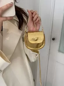 時尚雷射口紅包,女用 Pu 皮革肩背包,豪華財務文件,設計師斜揹包,可愛的小提包,迷你實色石紋扣肩背包和金色翻蓋鏈帶,適合口紅收納,禮物贈送,學校,小女孩和年輕女性使用 - 金色 - 查看 2