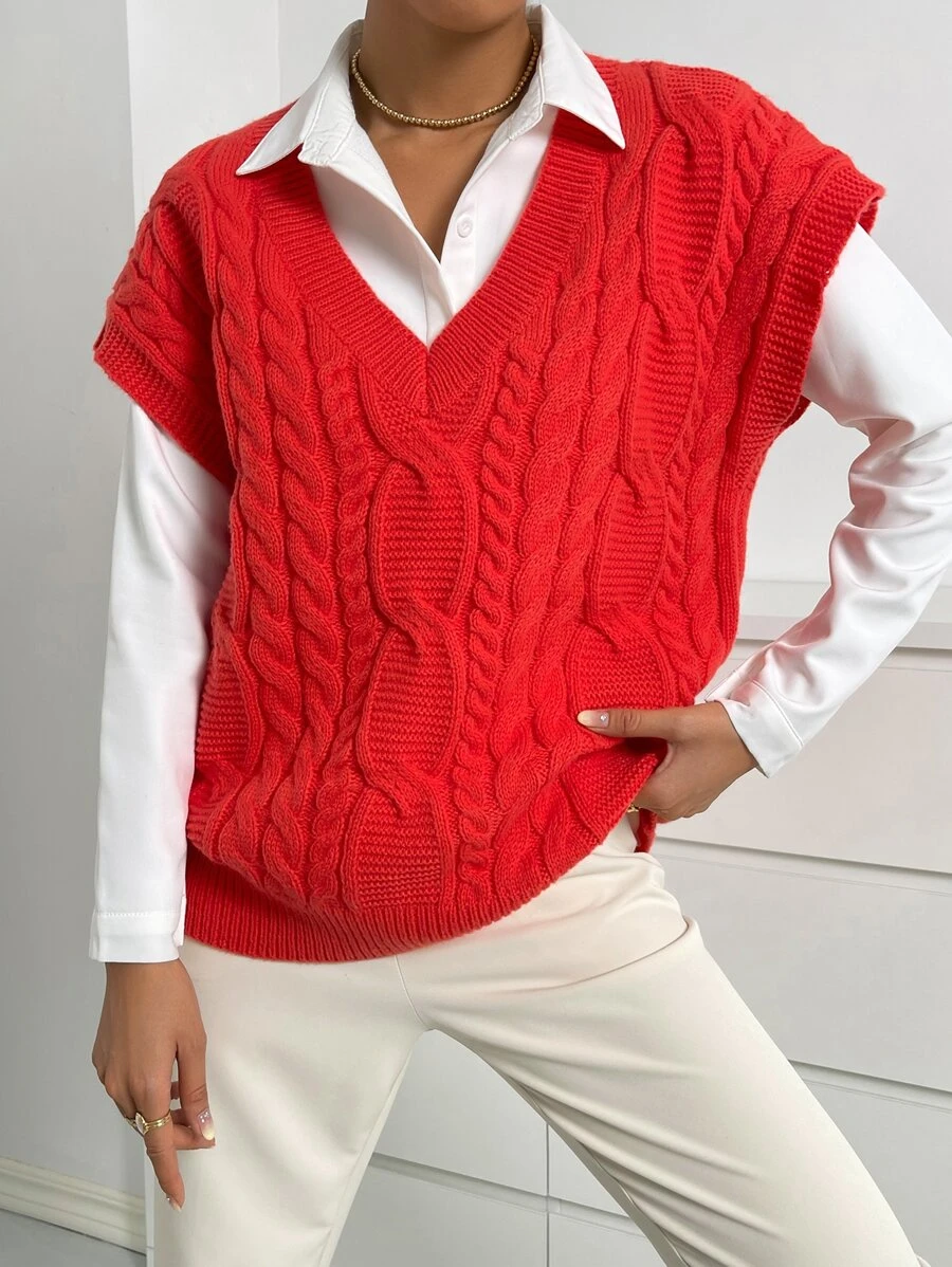 SHEIN Essnce 1pc Cable Knit V-neck Sweater Vest - Red - View 1